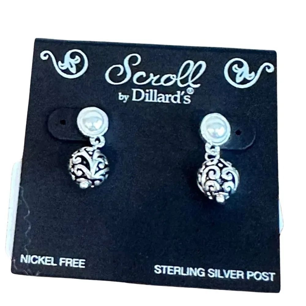 NWT Scroll by Dillards Faux Pearl & Silver Tear Drop Post Earrings